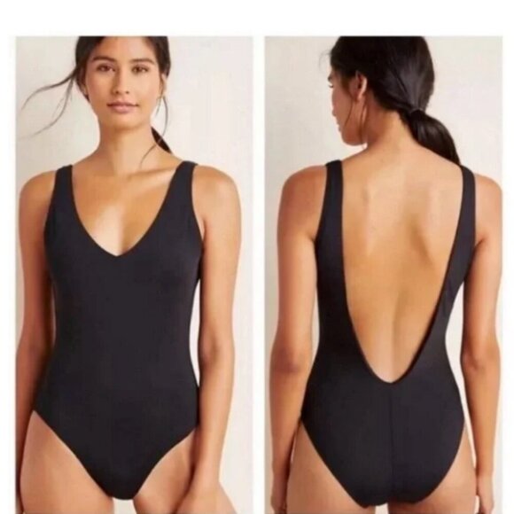 Andie The Ibiza V Neck Low Scoop Back Classic Black One Piece Swimsuit Large - Picture 1 of 8